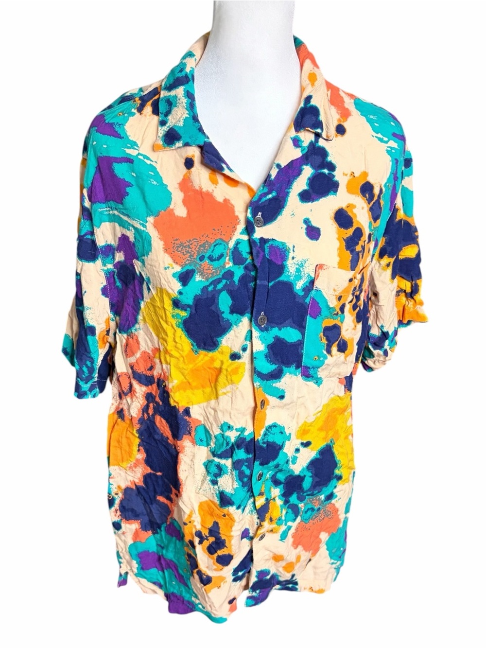 Urban Outfitters Abstract Print Button-Up Shirt Teal, Yellow, Coral, Navy